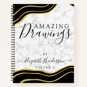 Modern Marble Gold Black Zeichnend Sketchbook Girl Notizbuch
