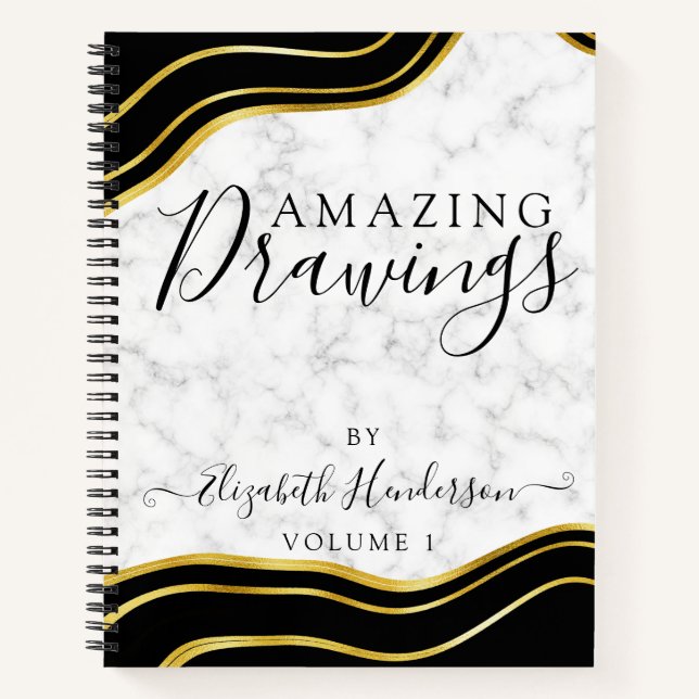 Modern Marble Gold Black Zeichnend Sketchbook Girl Notizbuch (Vorderseite)