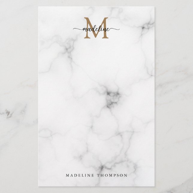 Modern Marble Gold Girly Script Monogram Briefpapier (Vorderseite)