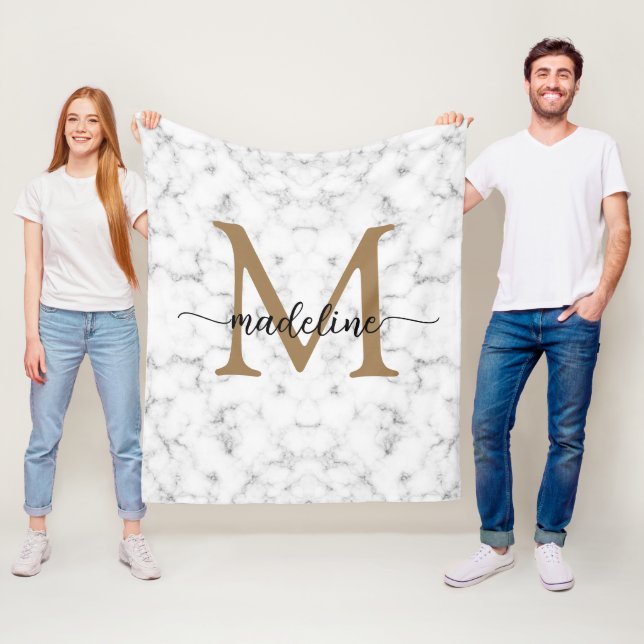 Modern Marble Gold Girly Script Monogram Fleecedecke (Beispiel)