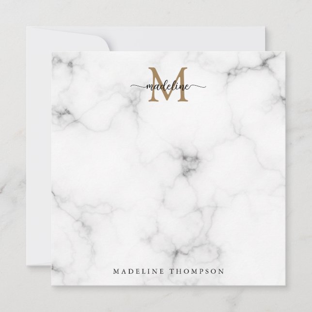 Modern Marble Gold Girly Script Monogram Square Mitteilungskarte (Vorderseite)