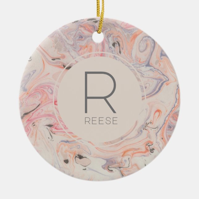 Modern Marble Pink Monogrammed Rose Keramik Ornament (Vorne)