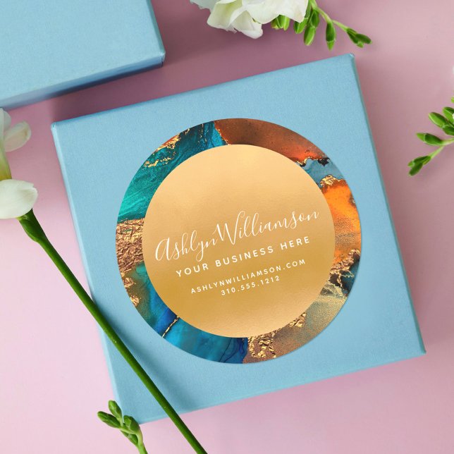 Modern marble watercolor gold turquoise orange runder aufkleber (Von Creator hochgeladen)