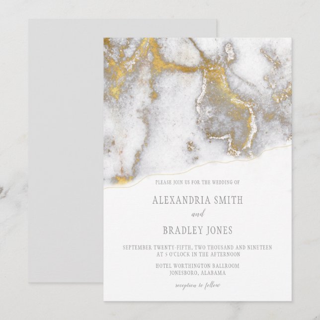 Modern Marbled Gray and Gold Hochzeit Einladung| Einladung (Vorne/Hinten)
