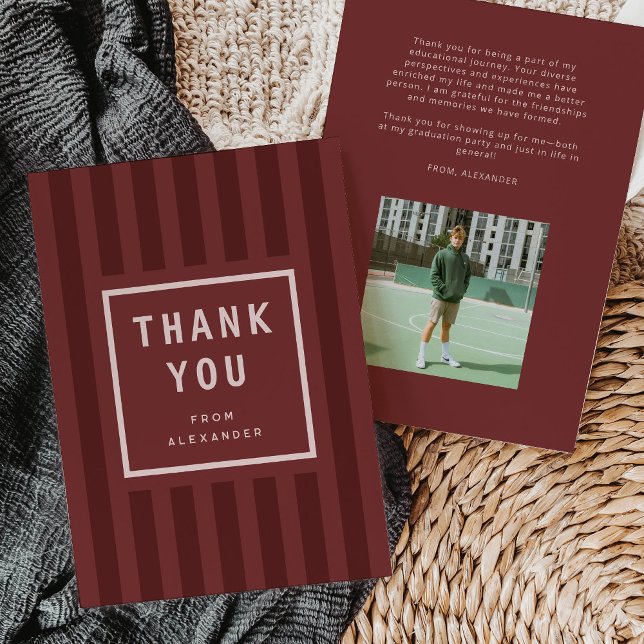 Modern Maroon Stripes Graduation Thank You Dankeskarte (modern maroon red sporty stripes graduation thank you card)