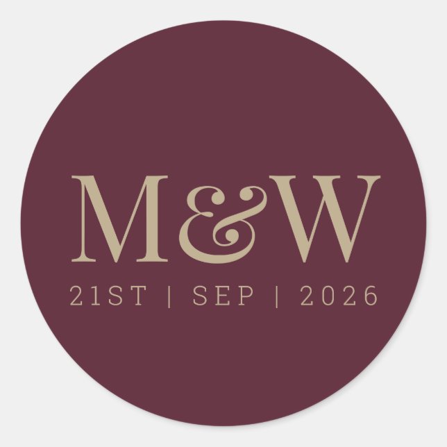 Modern Marsala Burgundy Gold Bride Groom Monogram Runder Aufkleber (Vorderseite)