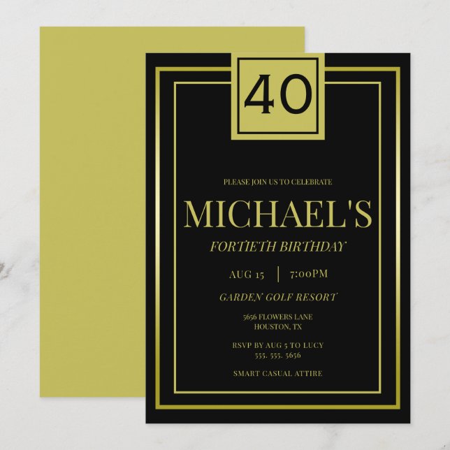 Modern Masculine Gold & Black 40. Geburtstag Einladung (Vorne/Hinten)