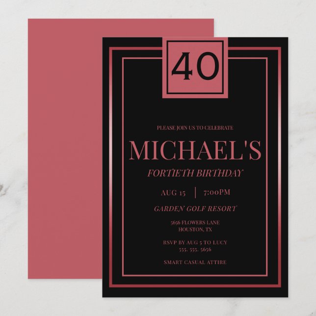Modern Masculine Red & Black 40th Birthday Einladung (Vorne/Hinten)