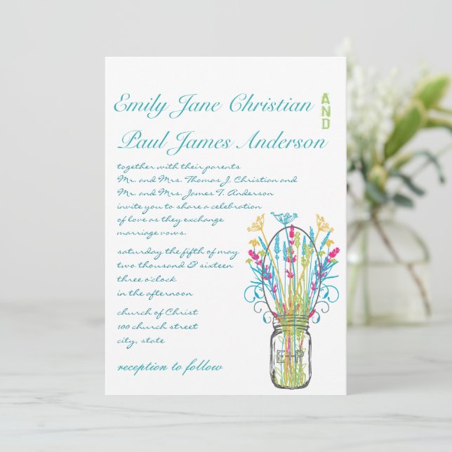 Modern Mason Jar Aqua Pink Limone Hochzeit Einladung (Stehend Vorderseite)