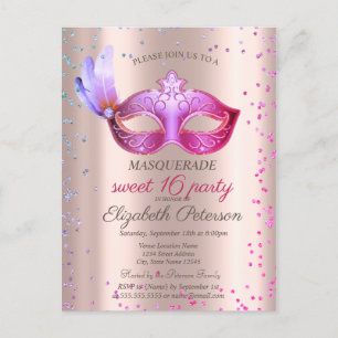 Modern Masque Diamonds Rose Gold Sweet 16 Einladungspostkarte