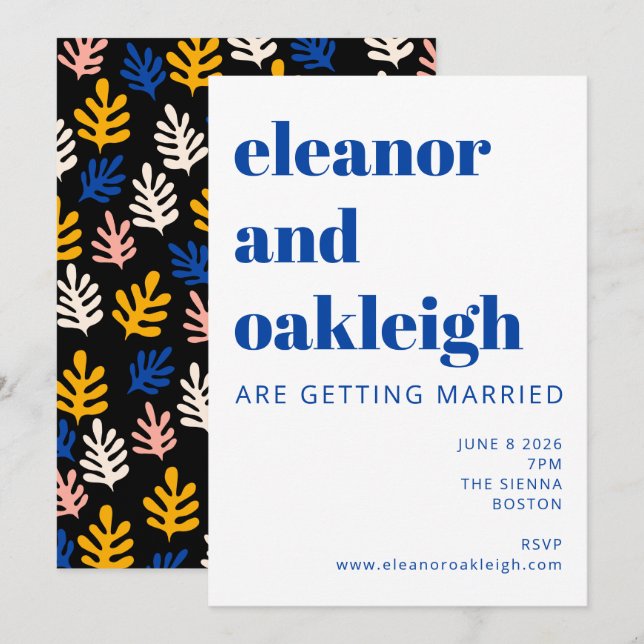 Modern Matisse Botanical Blue Black Wedding Einladung (Vorne/Hinten)