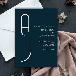Modern Matte Monogram Minimal Wedding Navy Blue Einladung