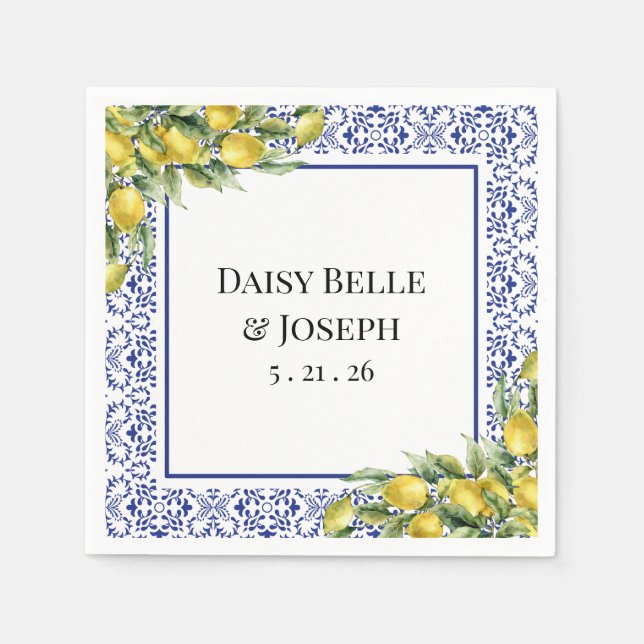 Modern Mediterranean Lemon Blue Mosaic Wedding Serviette (Vorderseite)