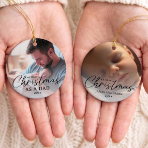 Modern Mein erstes Weihnachten als Papa Zwei Fotos Keramik Ornament