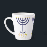 Modern Menorah Paleo Hebrew Blue Gold Milchtasse<br><div class="desc">Modern Blue Gold Menorah Paleo Hebräisch. Das Wort "Menorah" in der alten bildhaften Sprache Paleo Hebräisch besteht aus den Buchstaben Mem, Nun, Resh, Hey. Jeder Buchstabe hat eine Bedeutung, wie hier aufgelistet. Mem - Chaos Mighty Blood, Nun - Fortsetzung ihres Sohnes, Resh - Erste Top Beginning, Hey - Sehen Sie...</div>