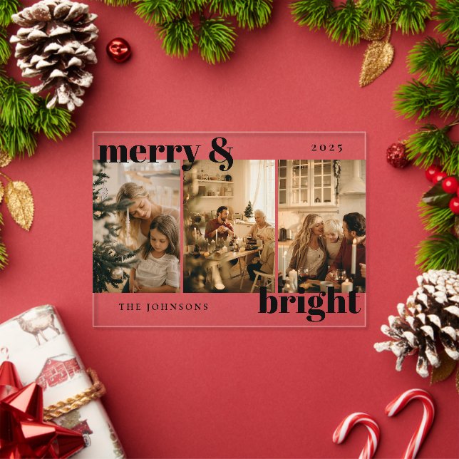 Modern Merry and Bright 3 Photo Holiday Card Acryleinladungen (Insitu (Feiertag))
