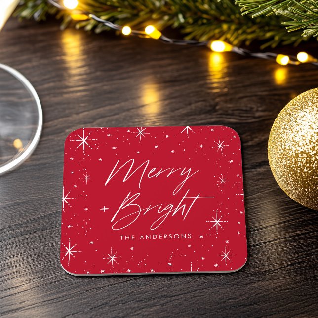 Modern Merry and Bright Script Red Holiday Rechteckiger Pappuntersetzer (Von Creator hochgeladen)