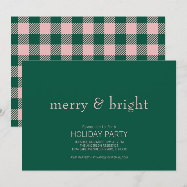 Modern Merry & Bright Christmas Green & Pink Einladung (Vorne/Hinten)