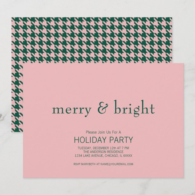 Modern Merry & Bright Christmas Green & Pink Einladung (Vorne/Hinten)