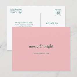Modern Merry & Bright Christmas Green & Pink Feiertagspostkarte