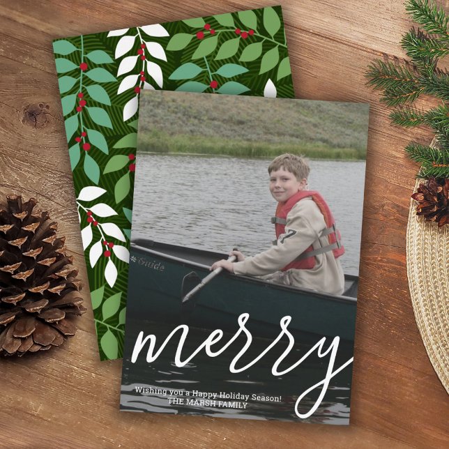 Modern Merry Calligraphy Vertikalfoto Botanical Feiertagskarte (Von Creator hochgeladen)