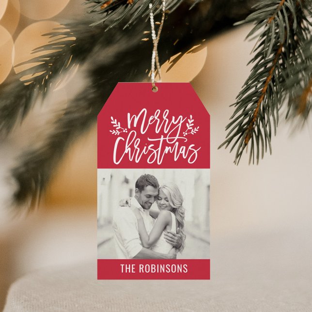Modern Merry Christmas Red Script Photo Geschenkanhänger (Von Creator hochgeladen)