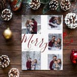 Modern merry red script 6 photo Christmas collage  Feiertagskarte<br><div class="desc">A college of 5 photos is collected around a modern merry script in the center and a custom message. This simple design is trend forward and the perfect way to share a year of highlights with friends and family.</div>