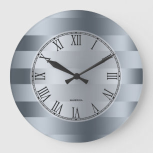 Modern Metallic Blue-Gray Stripes Pattern Große Wanduhr