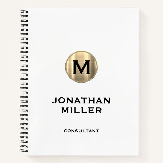 Modern Metallic Gold Monogram White Notizbuch (Vorderseite)
