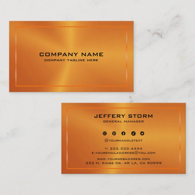 Modern Metallic Orange Texture Black Typography Visitenkarte (Vorne/Hinten)
