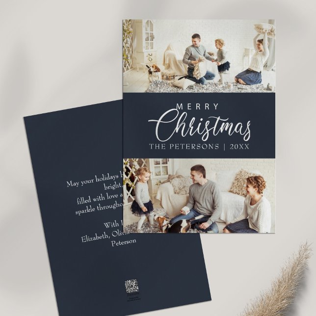 Modern Midnight Blue Foto Collage Weihnachten (Modern Midnight Blue Photo Collage Christmas Holiday Card on white table)