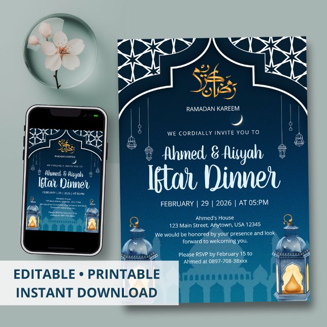 Modern Midnight Blue & Gold Lantern Iftar Einladung (Von Creator hochgeladen)