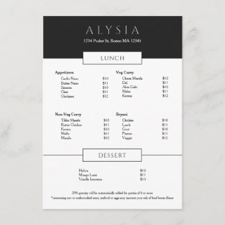 Modern Minialist Sophisticated Restaurant  Menükarte