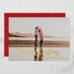 Modern minimal 1 Foto Rote Schrift Weihnachten Folien Feiertagskarte<br><div class="desc">Frohe Weihnachten moderne 1 Foto Weihnachtskarte. Modernes Schwarz,  Rot und Weiß Feriendesign. Skripttext mit einem modernen Rand. Handgemalte Polka dot spotty backer. Ändern Sie die Hintergrundfarbe,  um sie anzupassen.</div>