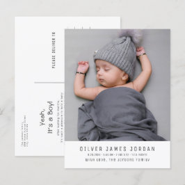 Modern Minimal Baby Boy Birth Announcement Photo Postkarte