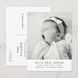 Modern Minimal Baby Girl Birth Announcement Photo Postkarte