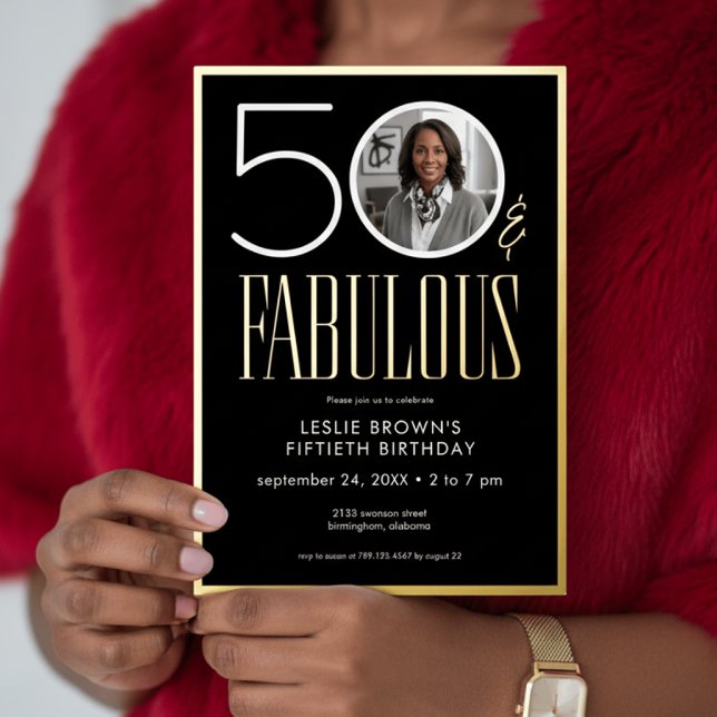 Modern Minimal Black Fifty Fabulous Photo Birthday Folieneinladung (Von Creator hochgeladen)