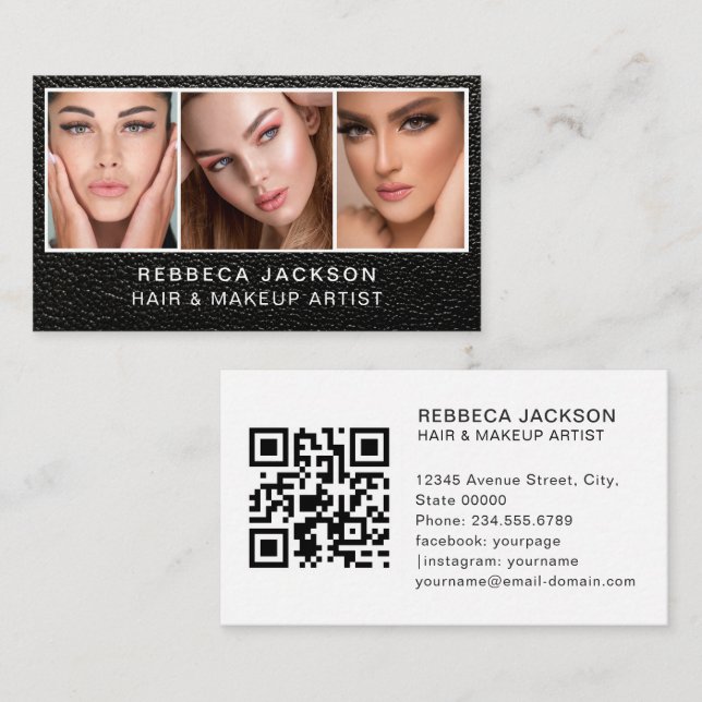 Modern minimal black leather makeup and hair  visitenkarte (Vorne/Hinten)