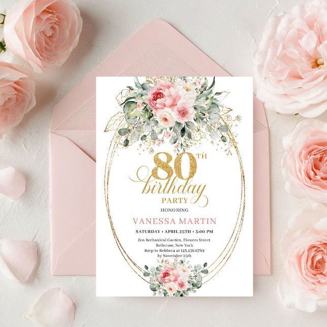 Modern Minimal Blush Floral 80th Birthday Invite  Einladung (Modern Minimal Blush Floral 80th Birthday Invite Set

)