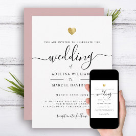 Modern Minimal Calligraphy Gold Heart Wedding Einladung