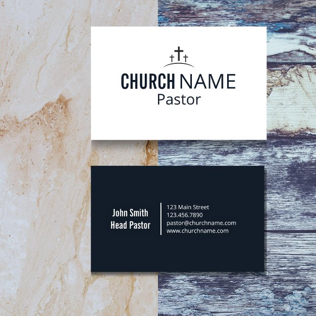 Modern Minimal Church Pastor Three Cross  Visitenkarte (Modern Minimal Church Pastor Three Cross Navy Business Card)