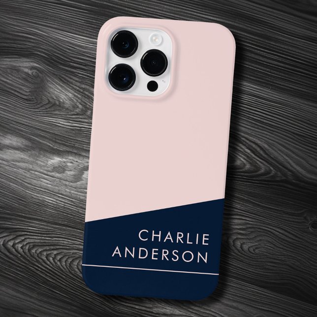 Modern minimal dark blue and pink custom name Case-Mate iPhone 14 pro max hülle (Modern minimal dark blue and pink custom name Case-Mate iPhone case)
