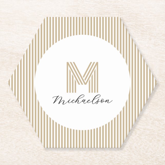 Modern Minimal Gold Stripes Monogram Untersetzer (Vorderseite)