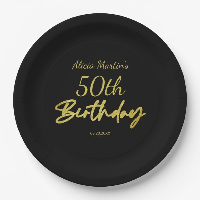 Modern & Minimal Gold Typografie Black Birthday Pappteller (Vorderseite)
