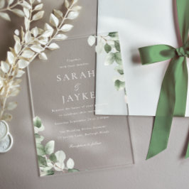 Modern Minimal Green Leaf White Wedding Acryleinladungen