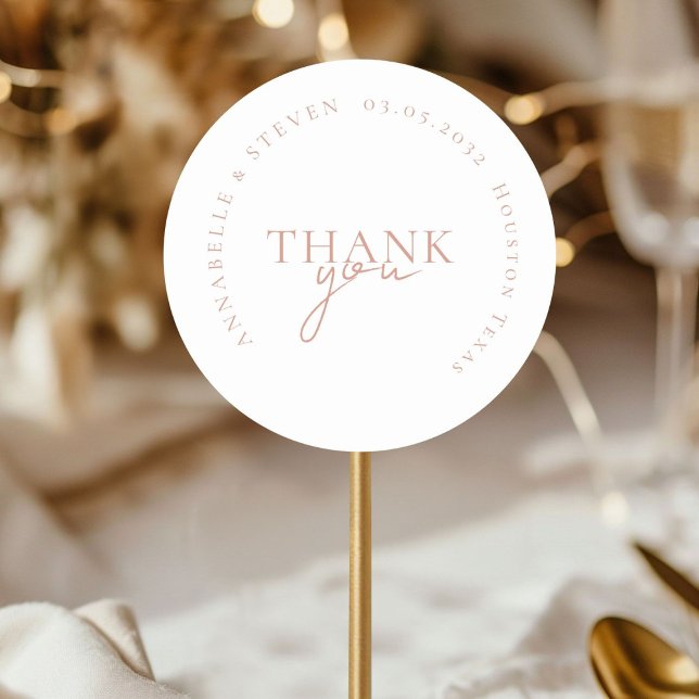 Modern, minimal, Hochzeit Runder Aufkleber (THANK YOU! Modern, Minimal, White, Wedding Classic Round Sticker with your name and date)