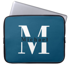 Modern Minimal Initial + Name Blue Monogram Laptopschutzhülle