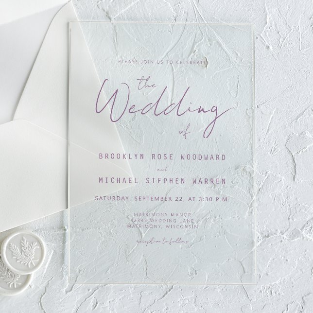 Modern Minimal Mauve Script Wedding Acryleinladungen (Von Creator hochgeladen)