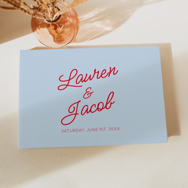Modern Minimal Minimalist Blue and Red Wedding Gästebuch (Von Creator hochgeladen)