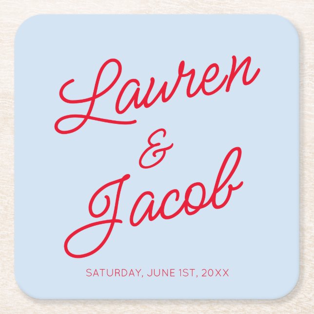 Modern Minimal Minimalist Blue and Red Wedding Rechteckiger Pappuntersetzer (Vorderseite)